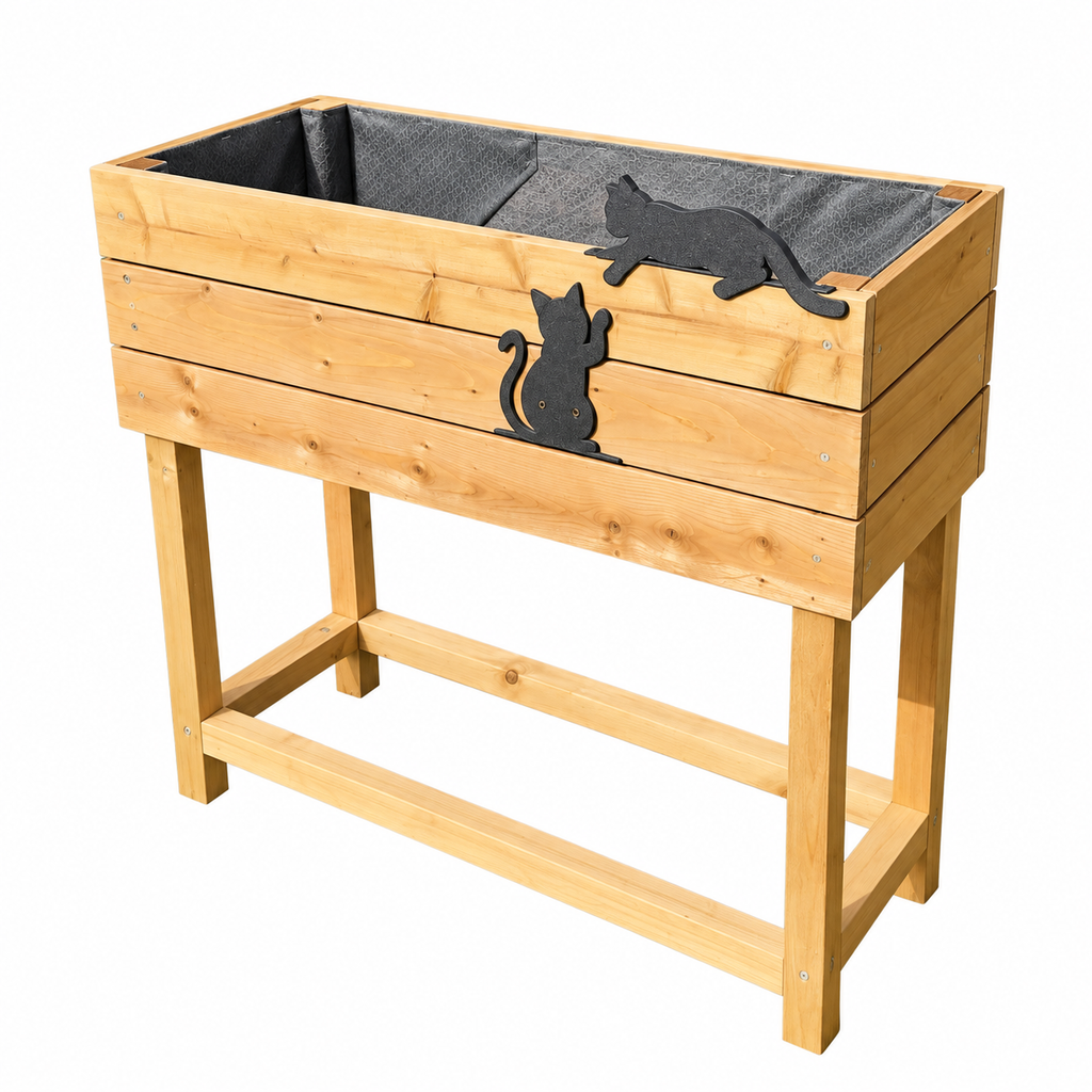 Elevated Wooden Planter Box with Cat Décor